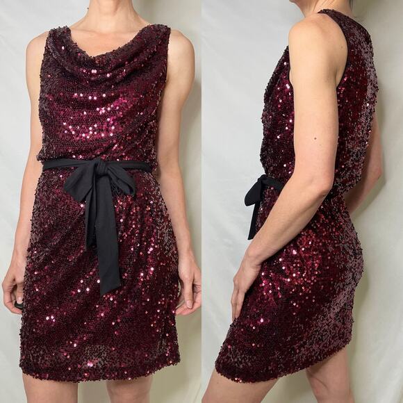 Cache ruby red sequin mini dress cowl neck cocktail evening tie belt formal prom - Picture 3 of 14